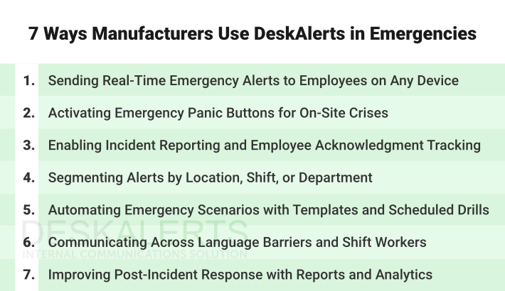 Seven ways manufacturers use DeskAlerts emergency response solution.