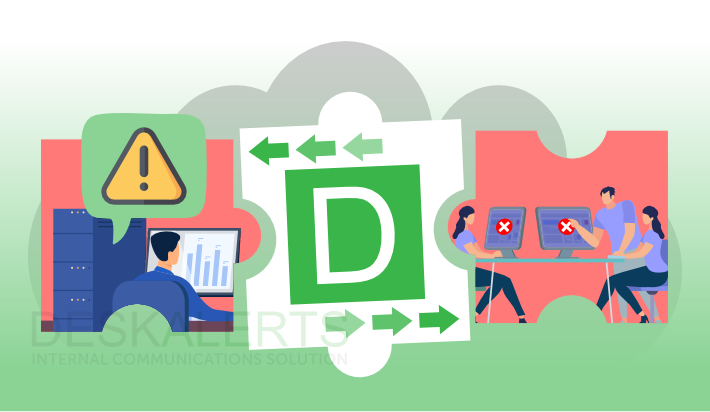 A malfunctioning cloud infrastructure on one side and disconnected office workers on the other, separated by a broken link that represents the missing business continuity communication plan in recovery strategies.