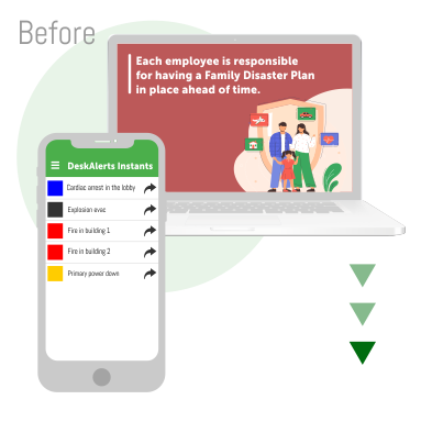 Mobile and desktop emergency alert system displaying a preparedness checklist and family disaster plan notification to improve workplace emergency readiness.
