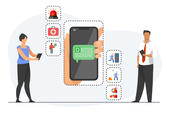 Employees receiving emergency alerts on mobile devices with icons for fire, medical, evacuation, and hazard notifications, representing DeskAlerts' emergency alert system for business safety.