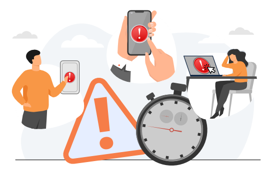 Employees triggering urgent alerts on mobile and desktop devices, highlighting fast emergency communication and response speed.