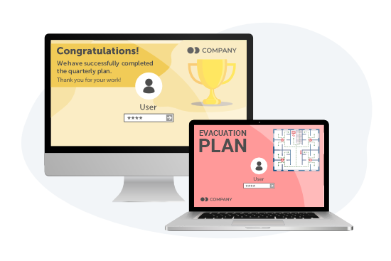 Lock screen alerts displaying evacuation plans and employee recognition messages on desktop and laptop.