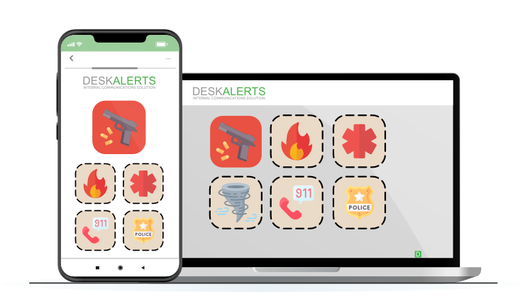 Customizable emergency alert templates on DeskAlerts interface displayed on mobile and desktop.