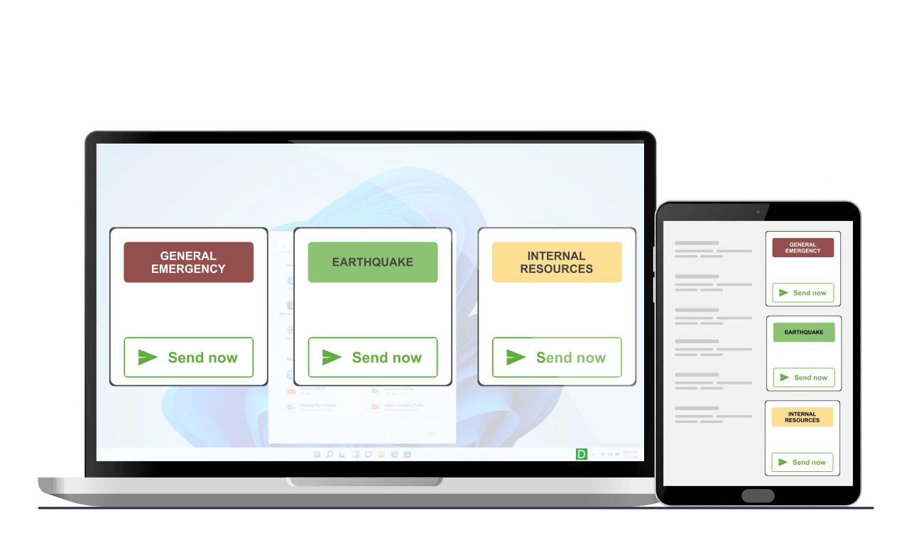 Predesigned panic buttons that send text messages - on laptop and tablet screen views