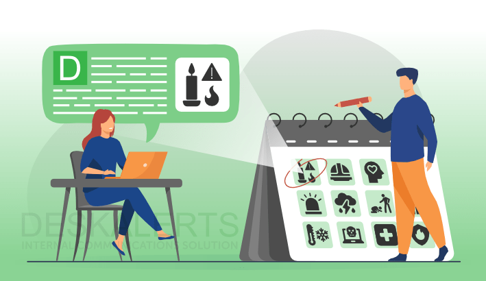 Safety moments for work illustration: a man to the right schedules a safety meeting and a woman to the left receives the alert