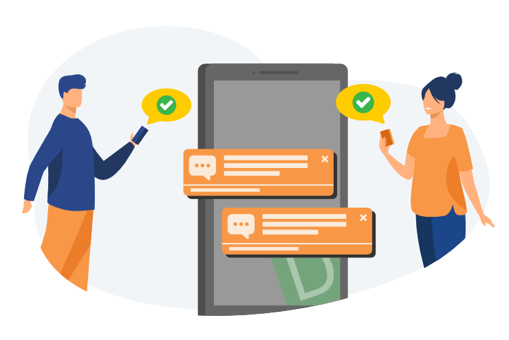 Two employees receiving SMS emergency notifications on smartphones.